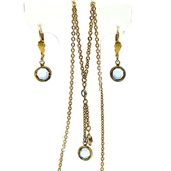 1928 Brand Necklace Earrings Set Gold & Blue Crystal Drops - Picture 3 of 9